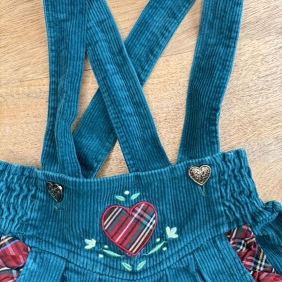 Vintage 80s Green & Red Corduroy Girls Dress Criss Cross Toddler Size 2 Cotton - Picture 2 of 7